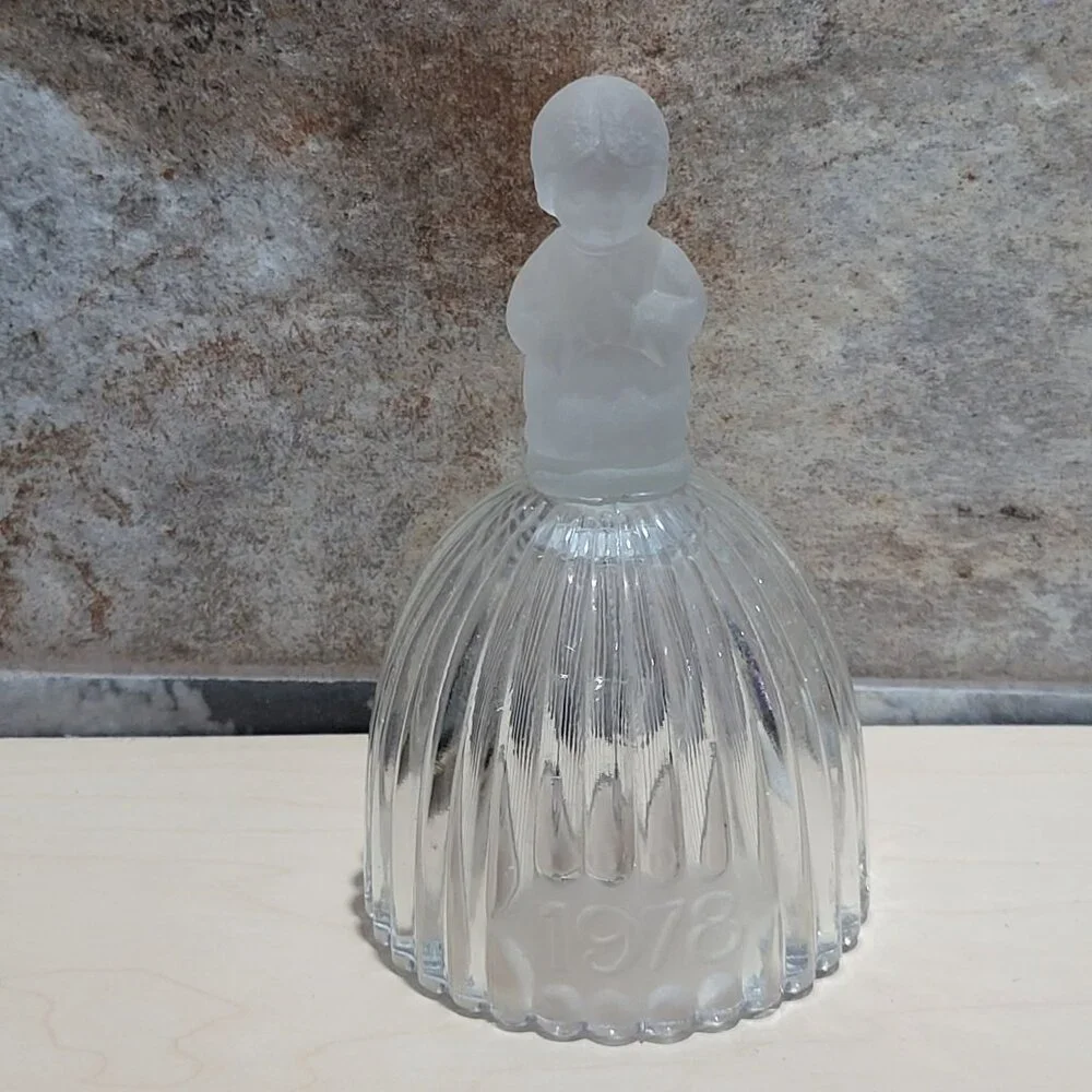 Vintage Ribbed Crystal Bell Frosted Glass Praying Child Figure 1978
